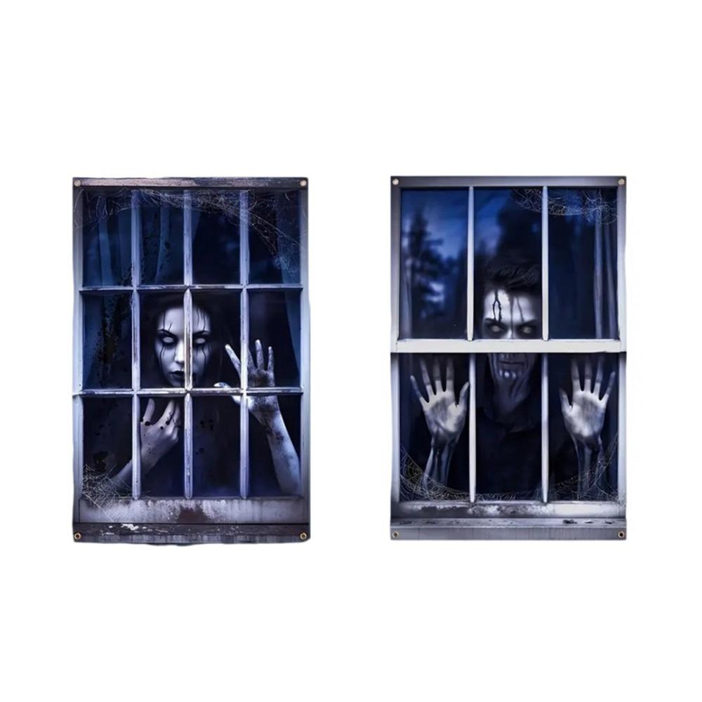 2PCS 2D Flat Scary Halloween Window Cover Super Terrifying Blood-Themed Scary Halloween Backdrops Polyester Fiber