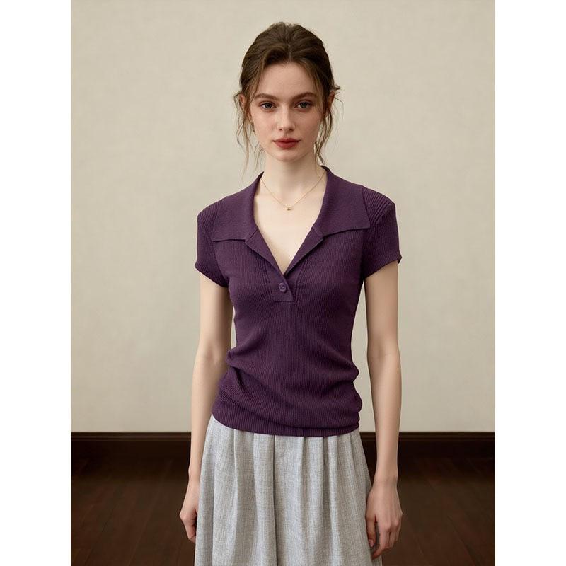 French Premium Purple Polo Neck Short Sleeve Knitted Sweater Women's Slim Lapel Top