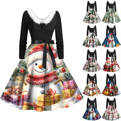 Vestido flare estampado de natal para mulheres vestido de manga comprida vestido casual de festa vazado
