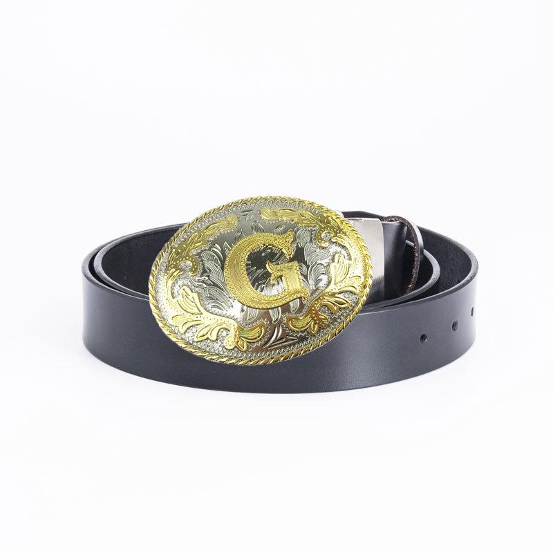 Men's Punk Whole Cowhide Perforated G-shaped Buckle Leather Belt for Jeans - Fashion Casual Retro Style