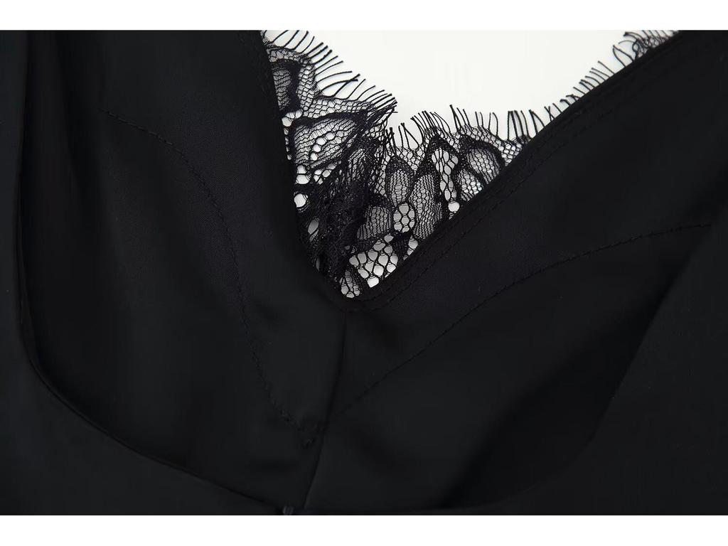 Spring 2026 European & American Style Lace Trim V-Neck Spaghetti Strap Dress for Women.