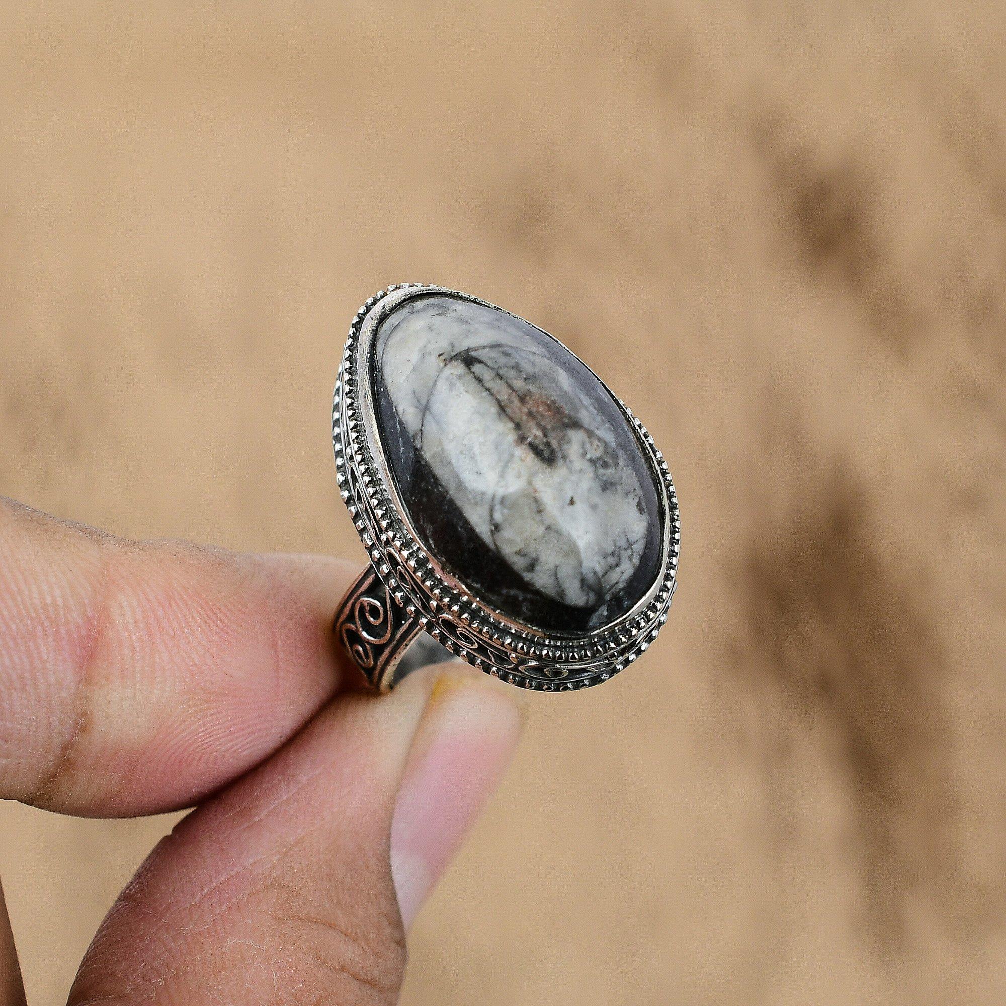 

Natural Orthoceras Fossil Multi Stone Vintage Gray Ring Size 9 925 Silver No