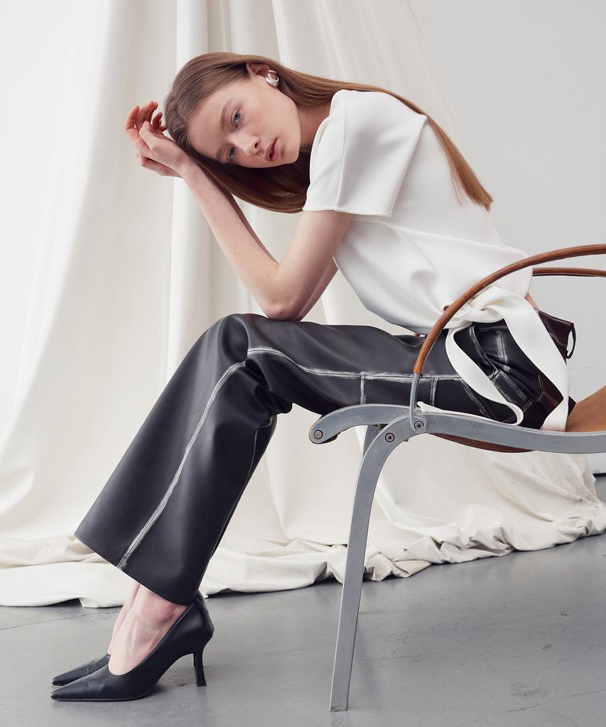 RE RHEE Faux Leather Washed Straight Pants