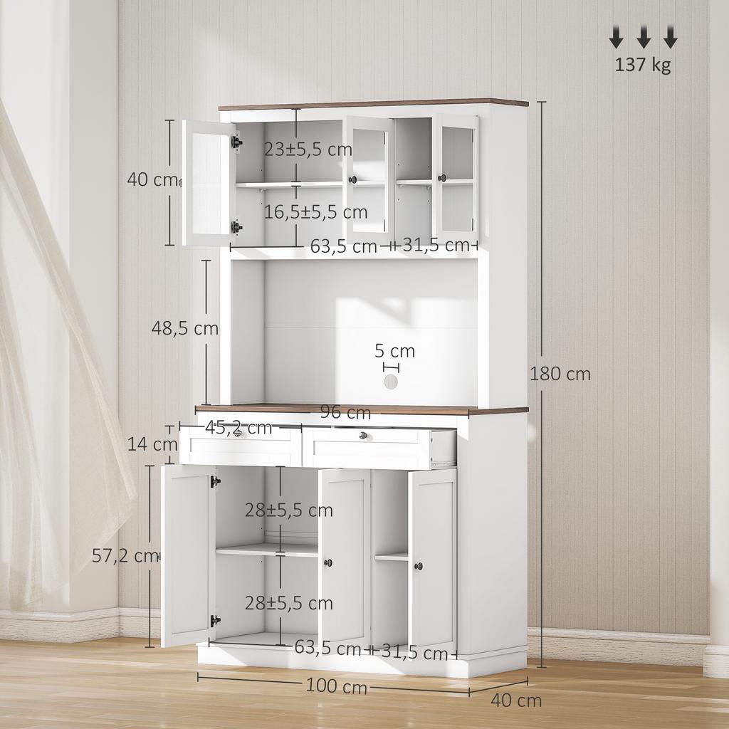 Credenza da cucina alta, mobile da cucina, 6 ante, 2 cassetti, piano di lavoro, ripiani regolabili, 100x40x180cm, bianco