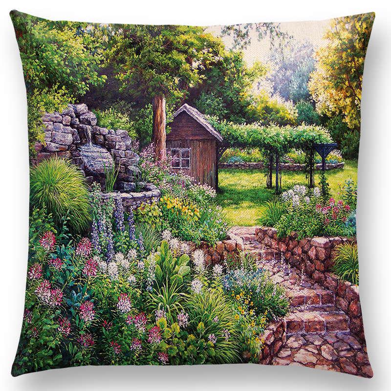 Home Decor Rustic Oil Painting Cushion Cover Beautiful Landscape Castle Lighthouse Sofa Pillow  Bedroom