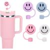 Whaline 4Pcs Smile Face Straw Cover Cap Pink Purple Mint Green Silicone Drinking Straw Topper 10mm 30&40 Oz Reble Straws Covers Double Sided Tumbler