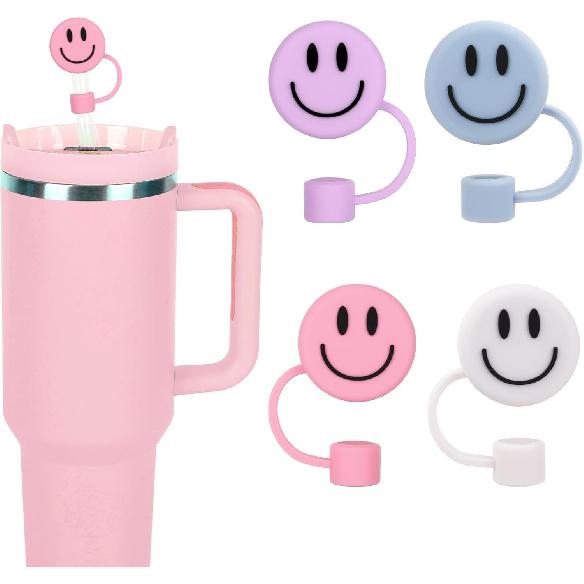 Whaline 4Pcs Smile Face Straw Cover Cap Pink Purple Mint Green Silicone Drinking Straw Topper 10mm 30&40 Oz Reble Straws Covers Double Sided Tumbler
