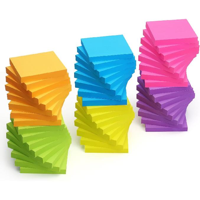Winner Aura 3x3 Inch Bright Colors Self-Stick Sticky Notes, 6 Pack, 100 Sheets per Pad, Total 600 Sheets