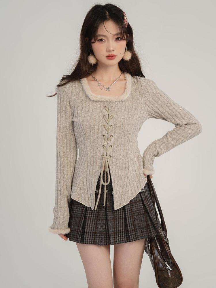 Bandáž Stahovací šňůrka Pletený Cardigan Ženy Podzim Zima Vintage Split Cardigans Korejská móda Y2k Svetry Spodní část Košile Top