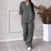 Women's 2-Piece Cotton Linen Set - Loose Fit High Waist Trousers & Shirt, 2024 Summer Collection, Plus Size.