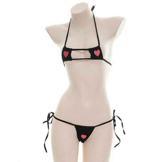 

Heart Pattern Two-Piece Bikini Set with Lace-up and Embroidery - S0418 One Size чёрный