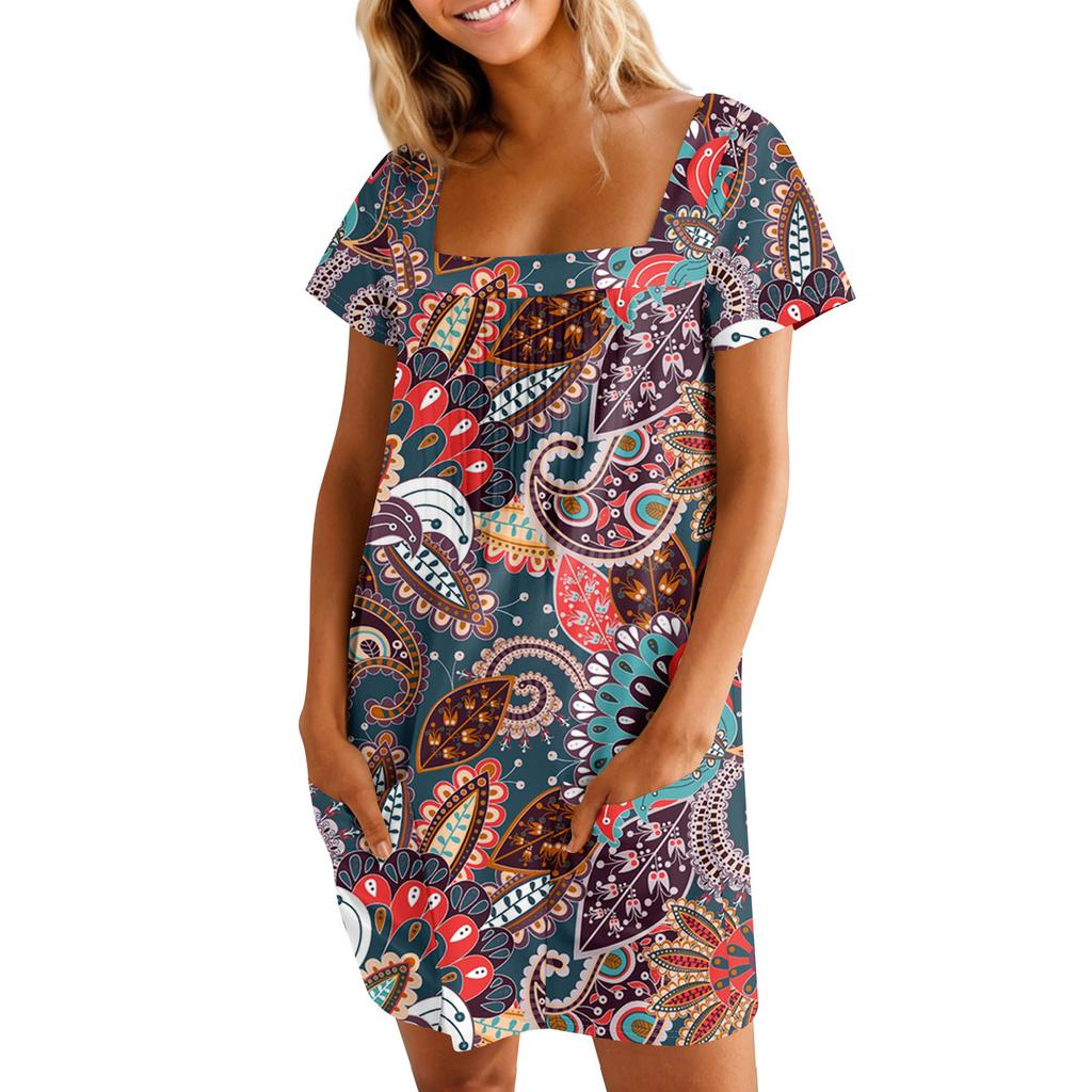 Women's Summer Casual Square Neck Pleated Front With Pocket Printed Short Sleeve Dresses