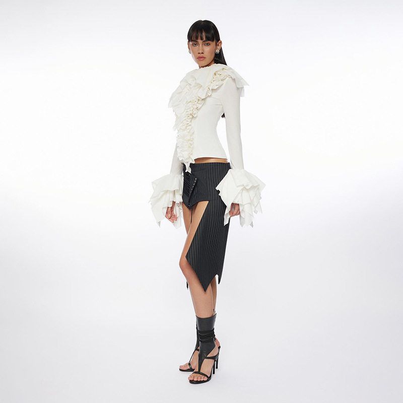 Трансграничный Западный Стиль 2024 Осень Новый Женская одежда Ретро Дворцовый Стиль Большие Воланы Пушистый Длинный рукав Комплект Топ White S