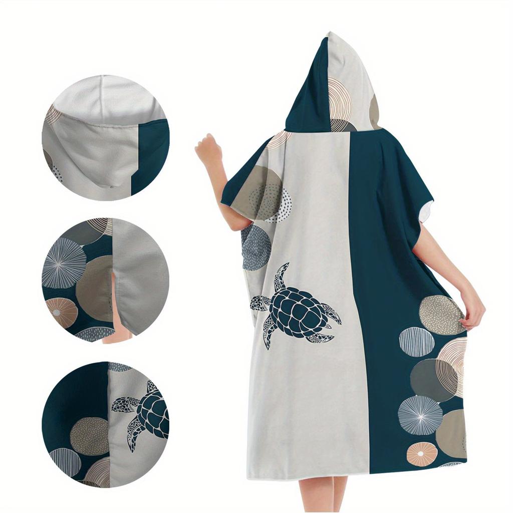 Abstract Sea Turtle Hooded Beach Towel Poncho | Navy Geometric Circle Surf Changing Robe, Flat Print, Outdoor Bath Cape