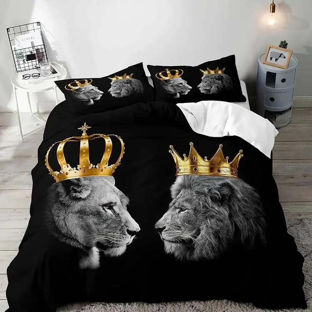 Lion Duvet Cover Set KingAfrican Safari Animal Black Bedding SetCouples Comforter CoverQuilt CoverRomantic Lion Couple Gifts