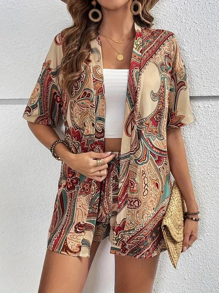 Elegant Vacation Print Two-Piece Set: Tie-Up Top & High-Waisted Shorts