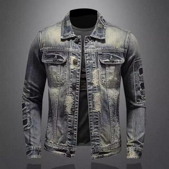 Men s American Retro Patchwork Denim Jacket, Korean Slim Fit, Trendy European Street Style for Nightclubs & Motorcycle Riding. M