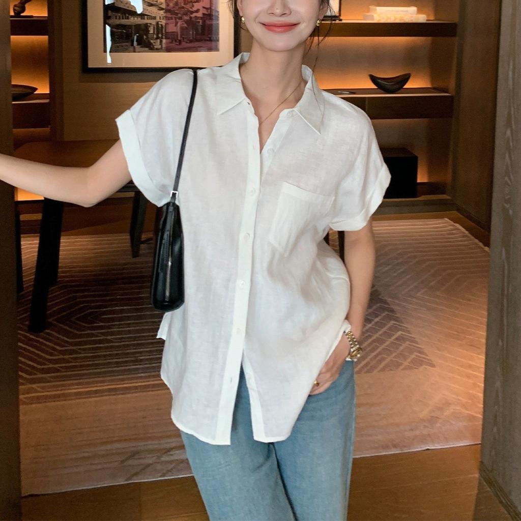 Kochi Rain Dew Asahara linen short-sleeved shirt for women, summer loose lapel-neck commuter linen shirt
