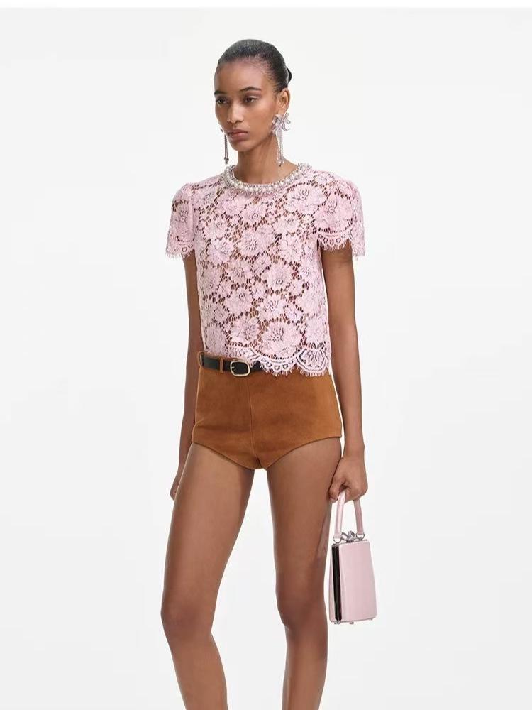 2026 Early Spring High-End Sexy Hollow-Out Beaded Short-Sleeve Lace Top for Women