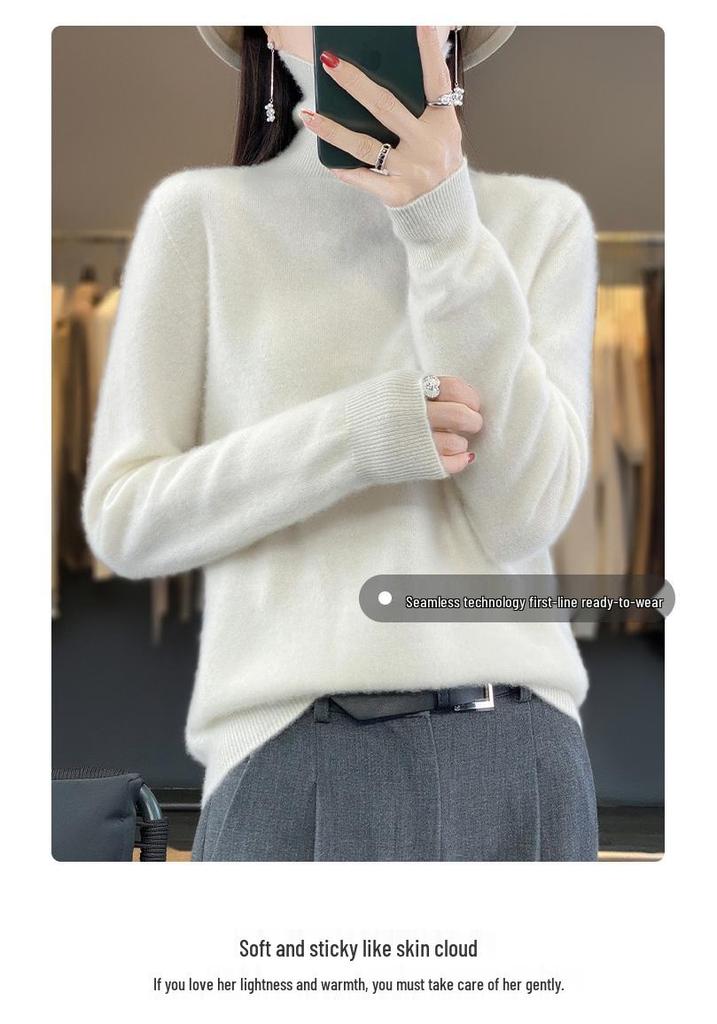 Women's Pure Wool High Neck Loose Pullover Sweater - Solid Color, Slimming, Long Sleeve - Autumn/Winter Collection