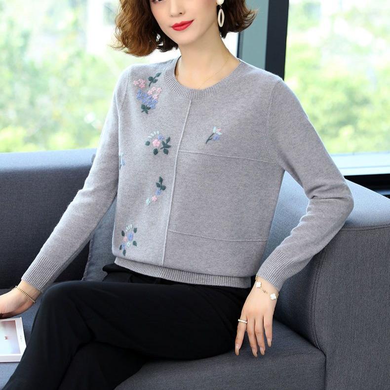 Women's Crewneck Plus Size Sweater Embroidered Loose Pullover Knitwear Stretch Knit Top Jumper Spring Autumn