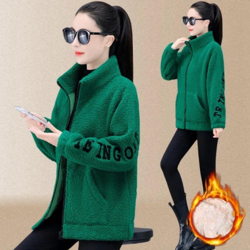 

Lamb Wool Plus Velvet Autumn and Winter Loose Korean Style Zipper Cardigan Thickened Lamb Wool Coat for Women 6xL зелений