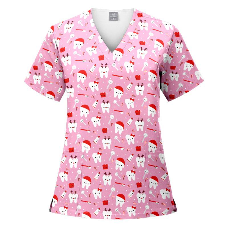 V-Neck Short Sleeve Printed Scrub Suit for Dental Clinics and Hospitals