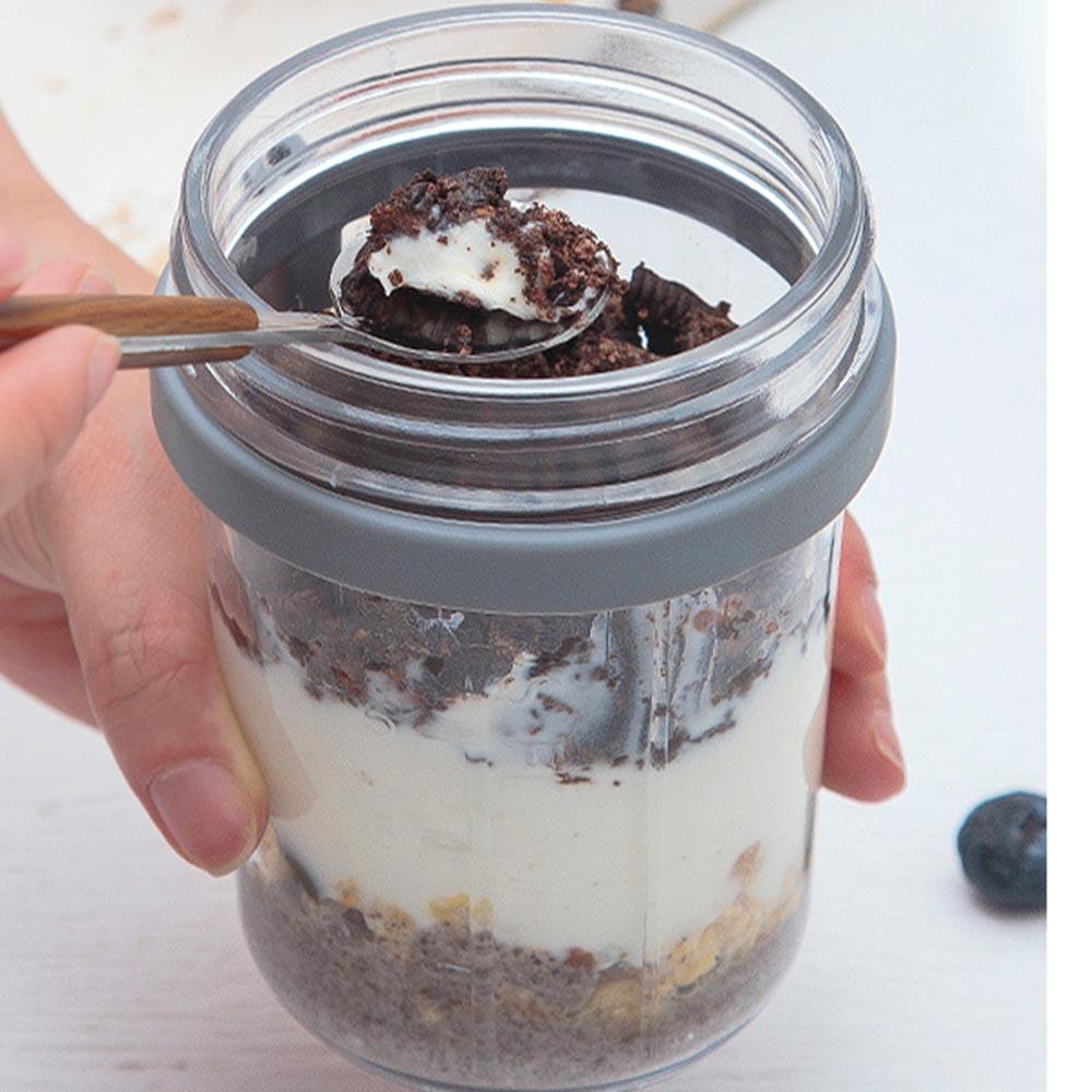 350ML Glasbehälter Versiegelt Tragbarer Becher mit Deckel Löffelhalter für Joghurt Frühstückscerealien Haferflocken Milchbehälter mit Skala