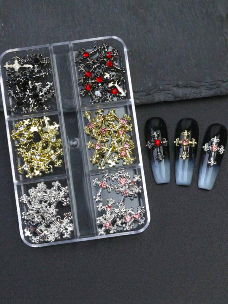 60pcsY2K Gold, Silver And Black Cross Nail Decoration Set With Rhinestones Black, White, Pink, Red Rhinestones Alloy Nail Art