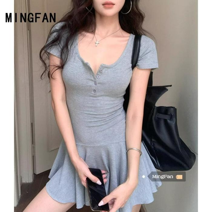 

Grey u-neck short-sleeved dress women s summer small man pleated waist A-shaped skirt Spice girl miniskirt pinched waist skirt XL сірий колір
