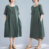 Real Summer New Literary and Loose Solid Color Cotton and Linen Round Neck Short-sleeved Dress Women's Medium and Long Models