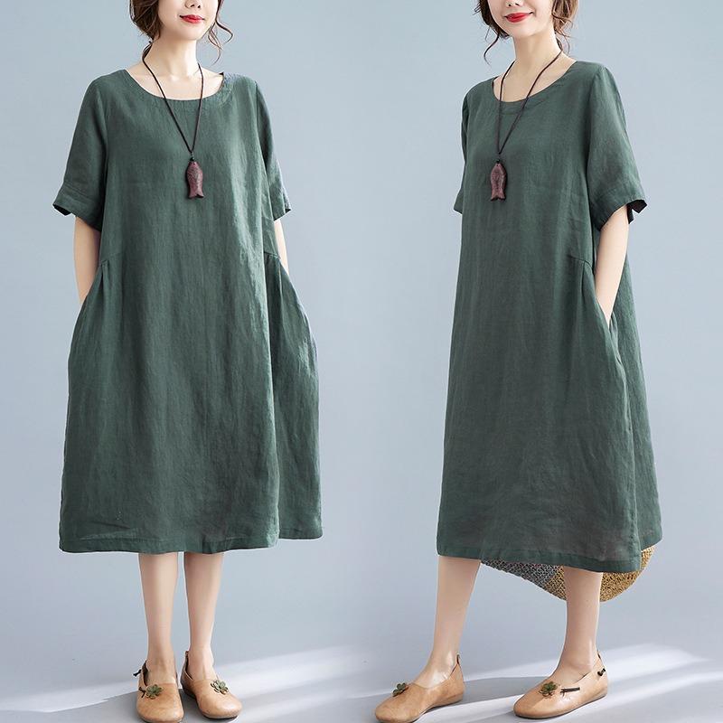 Real Summer New Literary and Loose Solid Color Cotton and Linen Round Neck Short-sleeved Dress Women's Medium and Long Models