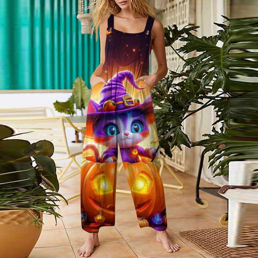Women's Casual Halloween Printed Jumpsuit Sleeveless Printed Cotton Jumpsuit