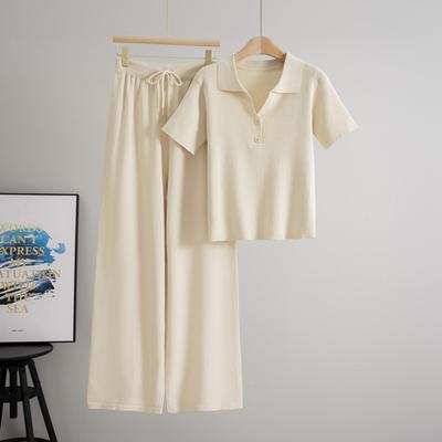Fashion POLO Collar Temperament Knitted Top Two-piece Set Women's 2025 Summer Wide-leg Pants Set