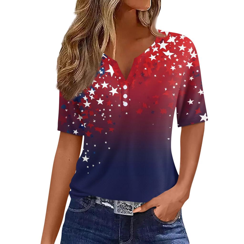 Women's T Shirt Independence Day Print Button Short Sleeve Daily Weekend Fashion Basic V- Neck Regular Top