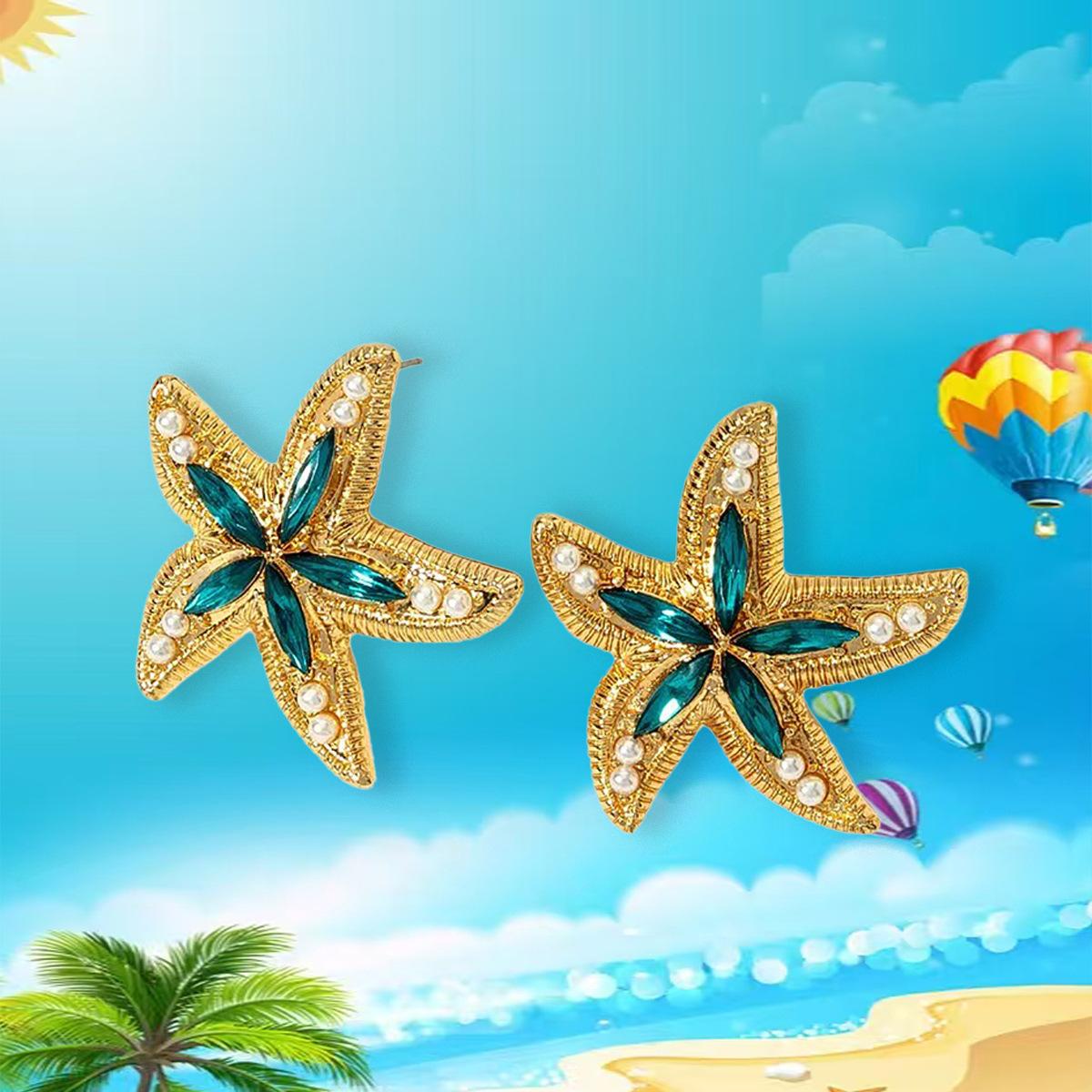 New fashion trend personalized stud earrings pearl starfish earrings pendant green golden yellow fresh earrings women