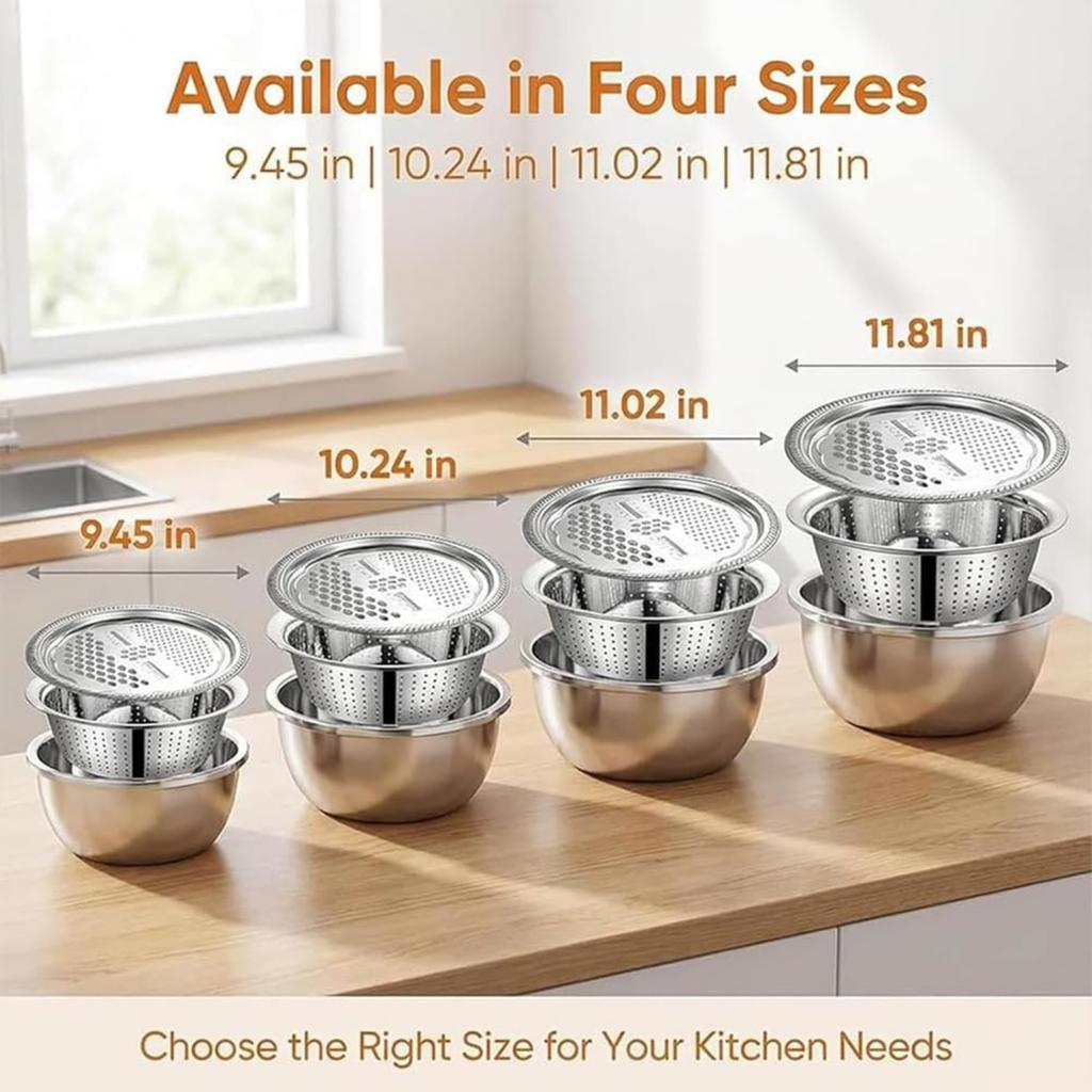 2026 New Germany Multifunctional Stainless Steel Basin, 3 in 1 Stainless Steel Basin and Grater Set, Colander Basin Mixing Bowl Set, Food Graters