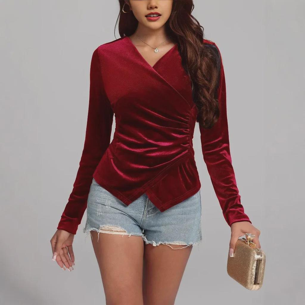 Gold Velvet Long-Sleeve Irregular V-Neck Top - Sexy Retro Waist Design for Women