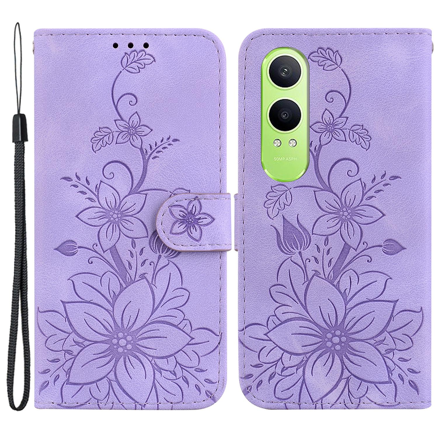 

For OnePlus Nord CE4 Lite 5G/Oppo K12x 5G (China) Wallet Case PU Leather Phone Cover Flower Imprinted Purple