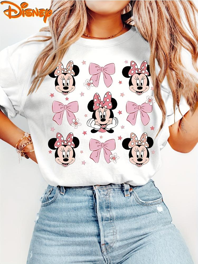 Miniso Disney Short Sleeved Retro Cartoon Sweet and Cute Minnie Print Round Neck Tshirt Fashionable Casual Daily Versatile Top S