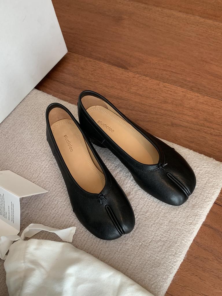 Sheepskin~ Grape Ma Same 4cm Genuine Leather Pig's Trotters High Heels Women's Pleated Ballet Light Mouth Single Shoes Thick Heel Split Toe Shoes