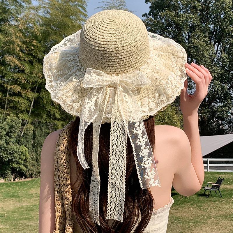 Summer Bow Sun Hat Female, Seaside Beach Vacation Sun Hat Outdoor Big Brim Sun Hat Sweet Straw Hat