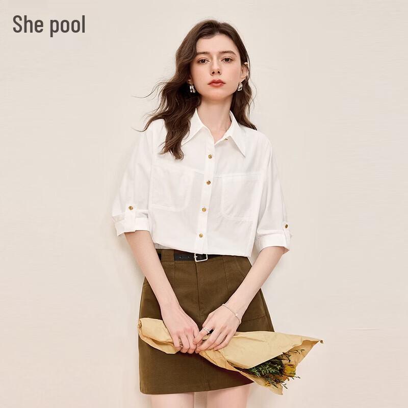 Women s Elegant Double Pocket Lapel White Shirt XL