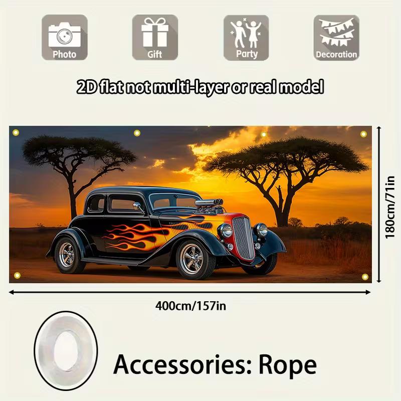 Sfondo 2D Garage Auto d'Epoca, Hot Rod Nero con Fiamme & Sfondo Fotografico Tramonto Africano