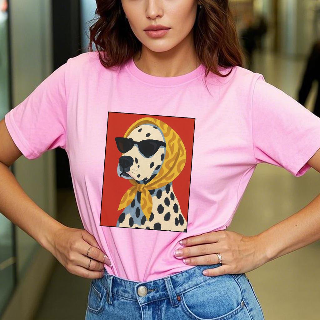Modisches Cartoon-T-Shirt mit gesprenkeltem Hundeprint, lässig, kurzärmelig, Rundhalsausschnitt, für alle Jahreszeiten geeignet, vielseitiges Damen-T-Shirt