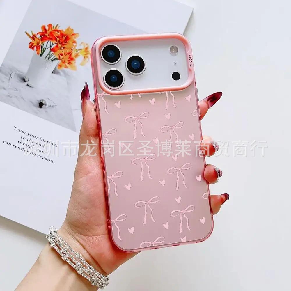 Pink Bow for Apple 15 Colored Silver iPhone14Pro Creative 11promax Matte 16 Protective Cover 17