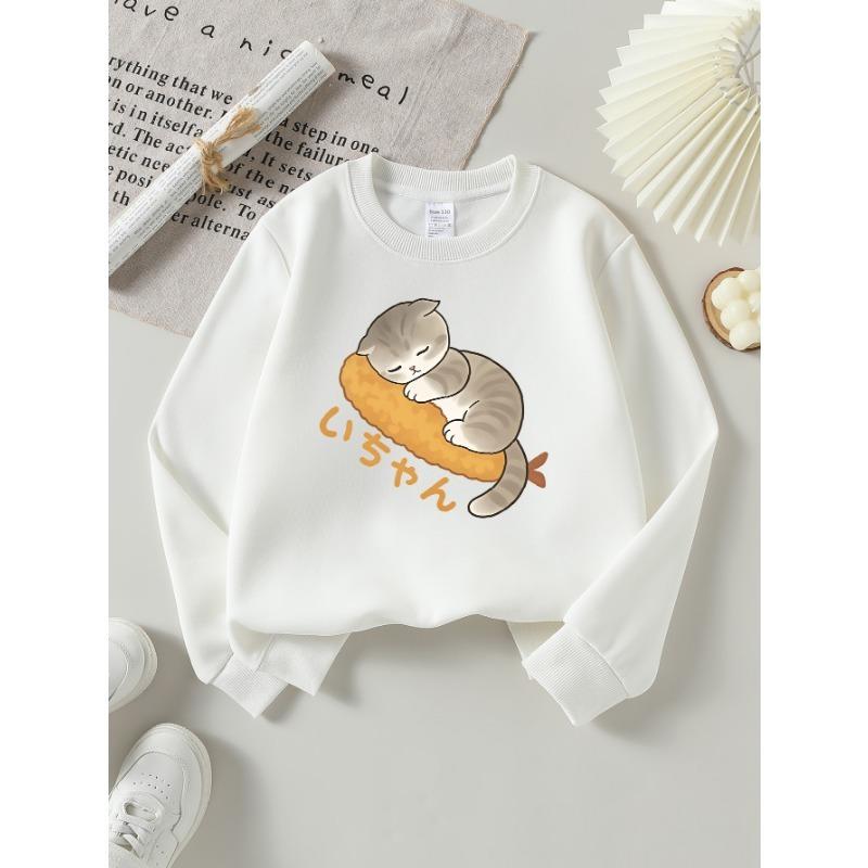 European Sizes Girls' Long-Sleeve Round Neck Sweatshirt "Sleeping Cat" Print, Spring/Autumn, Casual, Daily & Sports.