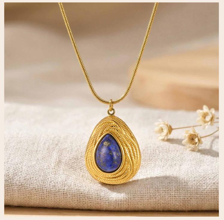 Natural Stone Necklace Stainless Steel 18K Gold Plated Geometric Tiger Eye Lapis Lazuli Pendant Women Vintage Jewelry