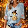 Women's V-Neck Three-Quarter Sleeve Casual Top with Halloween Print
