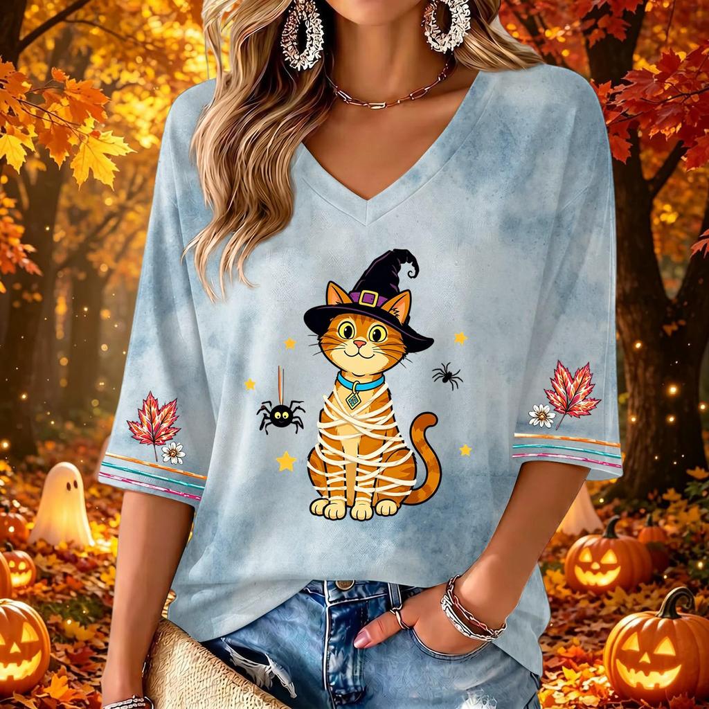 Women's V-Neck Three-Quarter Sleeve Casual Top with Halloween Print
